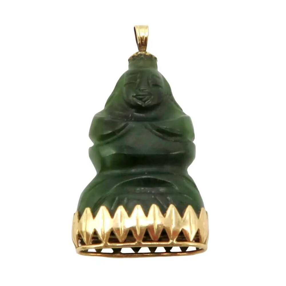 Vintage 14K Yellow Gold Carved Green Jade Buddha Pendant